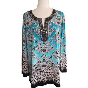 JM Collection Tunic 3/4 Sleeve Embellished Neckline Black White Teal Sixe 2X